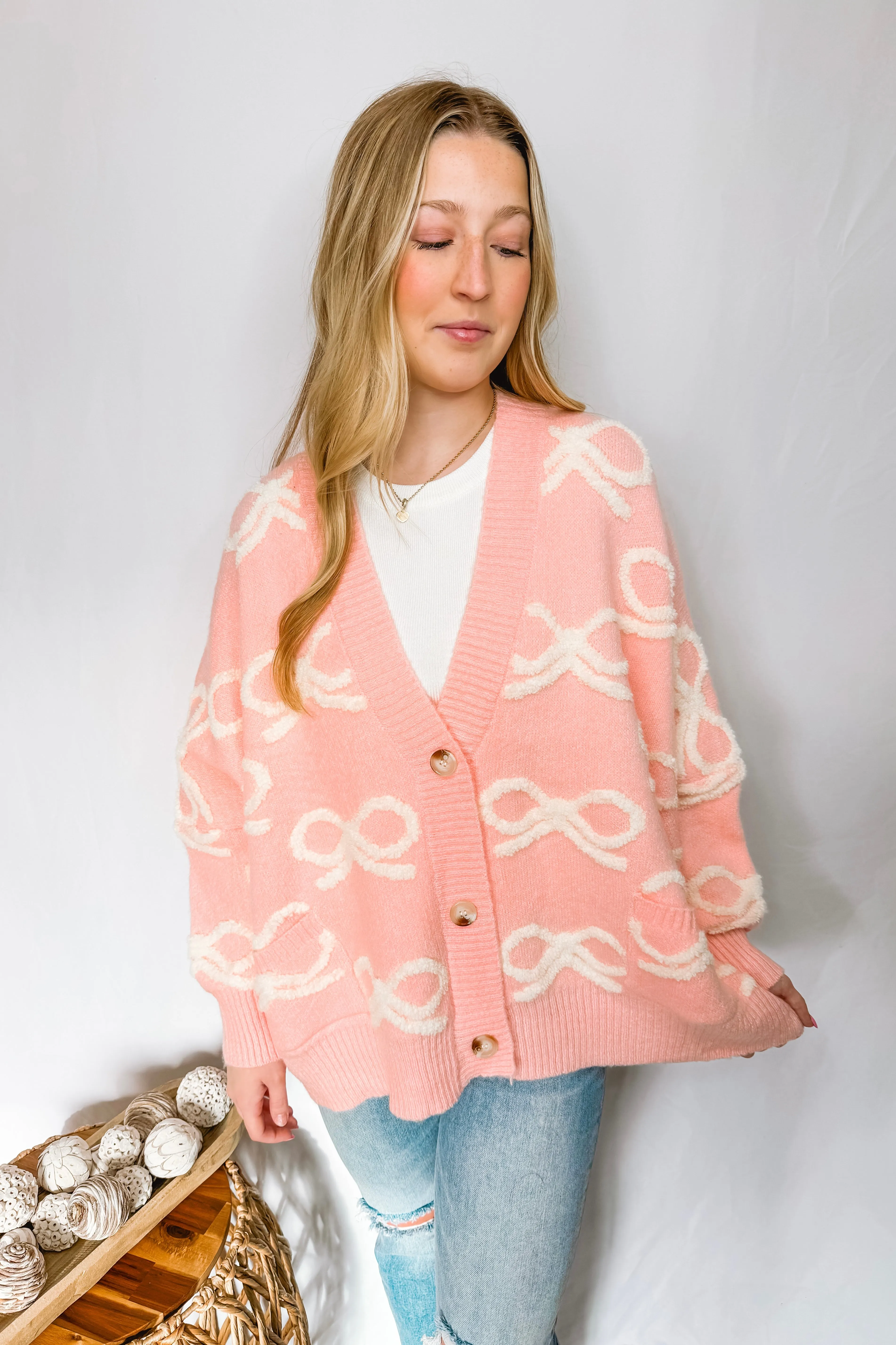 It's All Bows Oversized Ribbon Cardigan - Pink