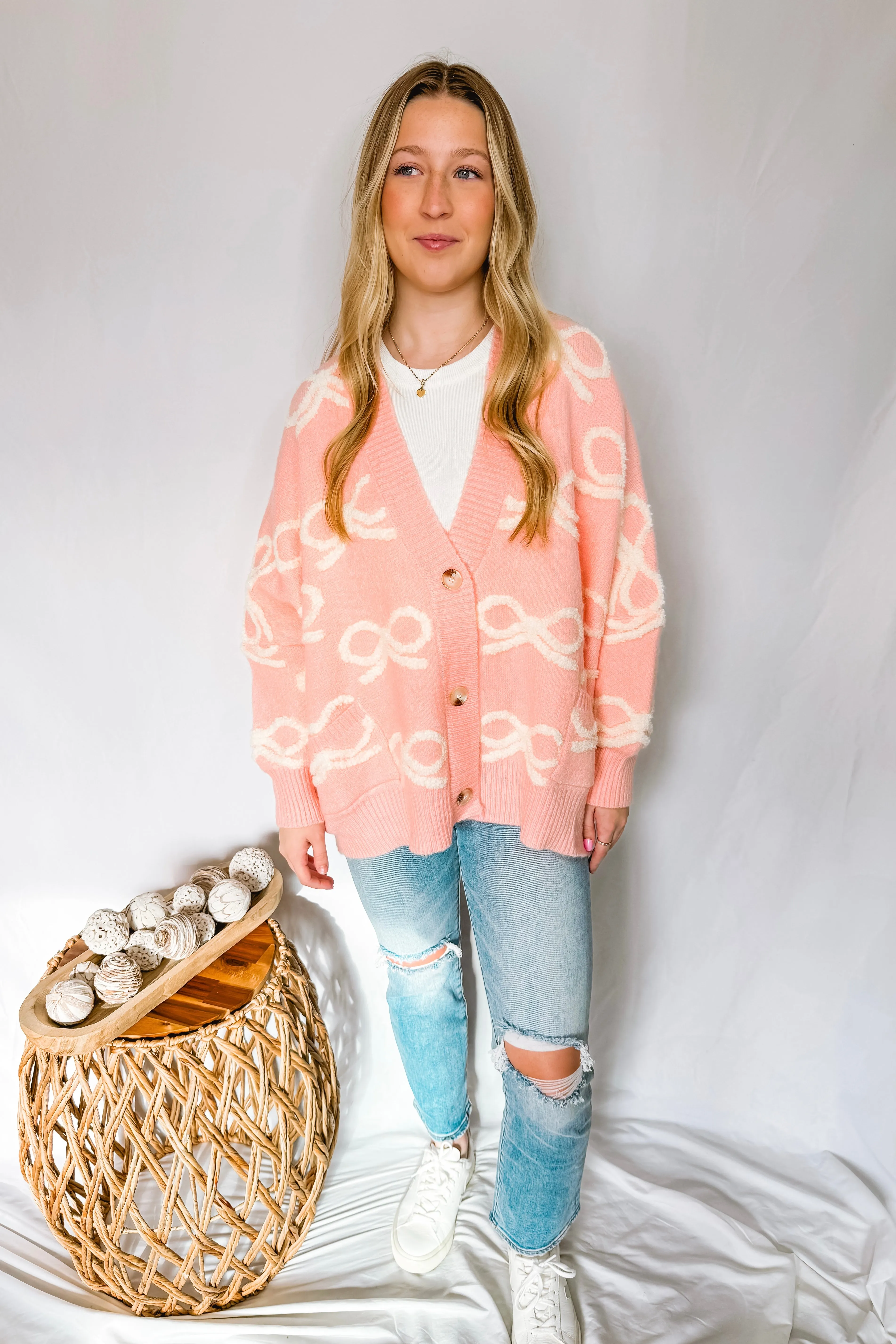 It's All Bows Oversized Ribbon Cardigan - Pink