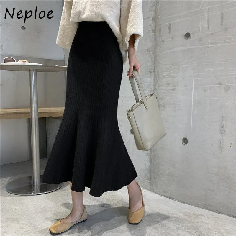 Joskaa Christmas Gift Kuzuwata High Waist Autumn New Woman Skirts Solid Knitted Slim Hip Skirt Female Mid-length Fishtail  Faldas Mujer Moda 2024