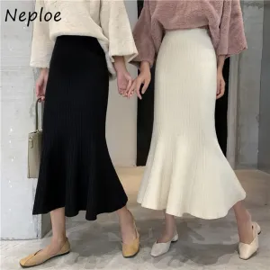 Joskaa Christmas Gift Kuzuwata High Waist Autumn New Woman Skirts Solid Knitted Slim Hip Skirt Female Mid-length Fishtail  Faldas Mujer Moda 2024