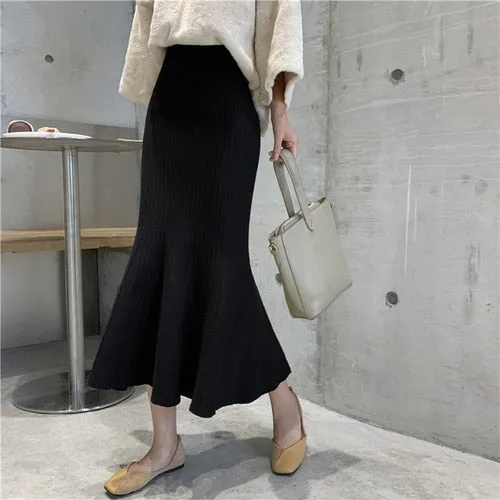 Joskaa Christmas Gift Kuzuwata High Waist Autumn New Woman Skirts Solid Knitted Slim Hip Skirt Female Mid-length Fishtail  Faldas Mujer Moda 2024