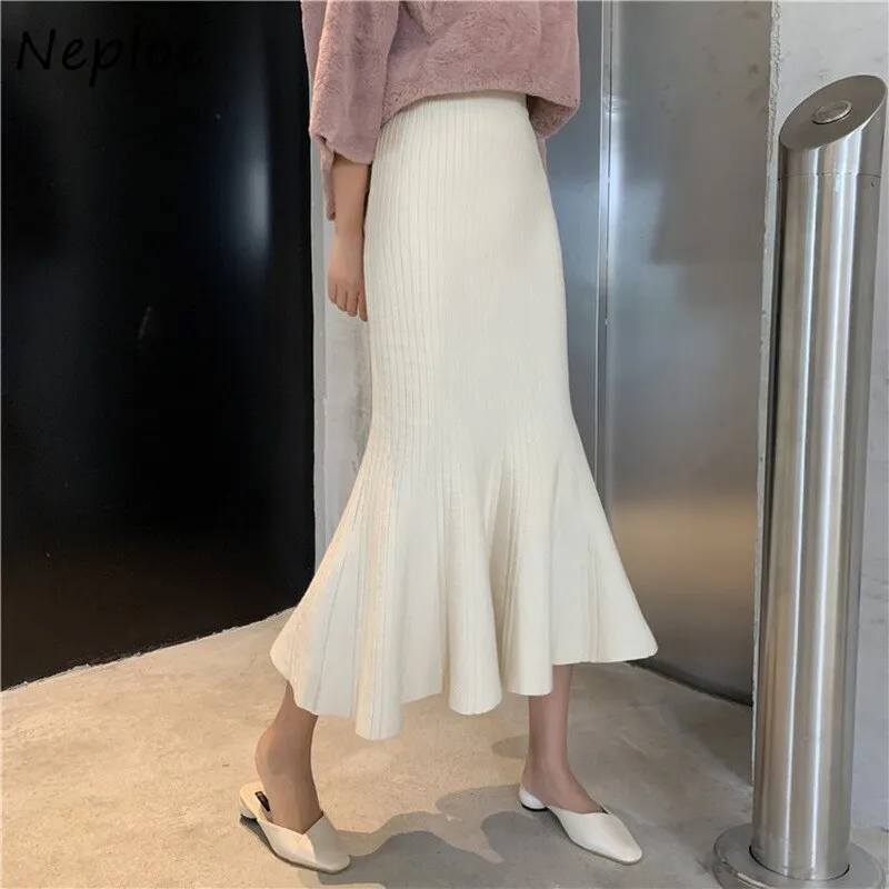 Joskaa Christmas Gift Kuzuwata High Waist Autumn New Woman Skirts Solid Knitted Slim Hip Skirt Female Mid-length Fishtail  Faldas Mujer Moda 2024