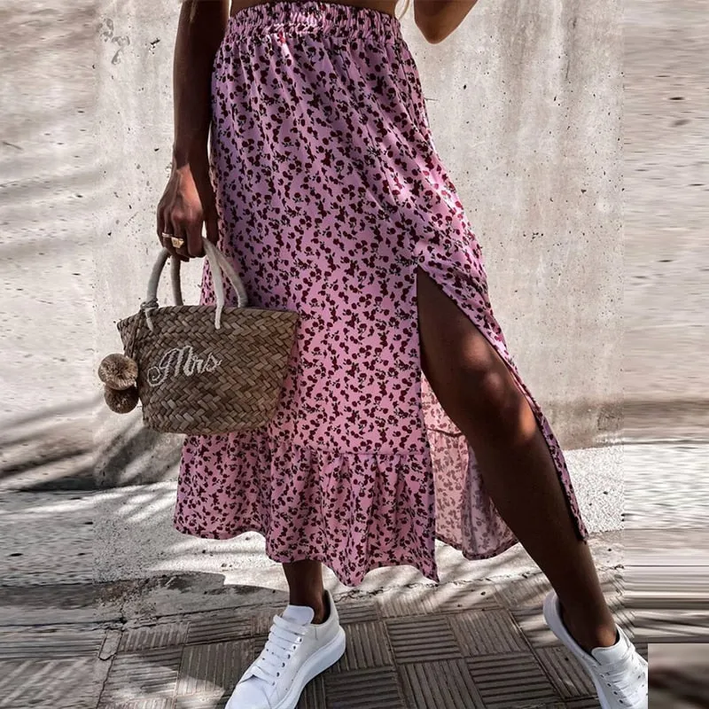 Joskaa Christmas Gift Summer New Design Vintage Floral Ruffle Long Skirts Women Elegant Split A-Line Sweet Skirts Lady Casual Elastic Waist Skirts