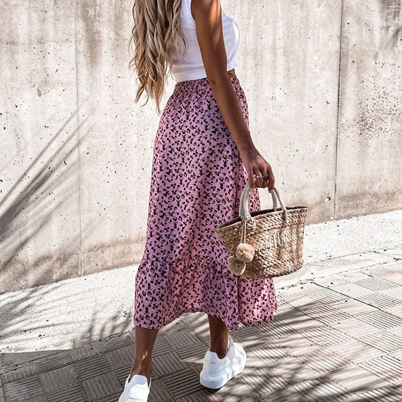 Joskaa Christmas Gift Summer New Design Vintage Floral Ruffle Long Skirts Women Elegant Split A-Line Sweet Skirts Lady Casual Elastic Waist Skirts