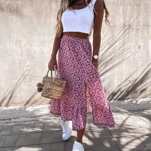 Joskaa Christmas Gift Summer New Design Vintage Floral Ruffle Long Skirts Women Elegant Split A-Line Sweet Skirts Lady Casual Elastic Waist Skirts