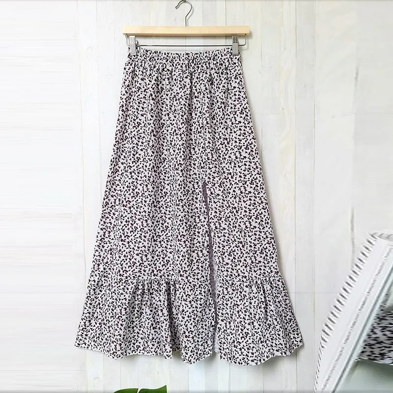Joskaa Christmas Gift Summer New Design Vintage Floral Ruffle Long Skirts Women Elegant Split A-Line Sweet Skirts Lady Casual Elastic Waist Skirts