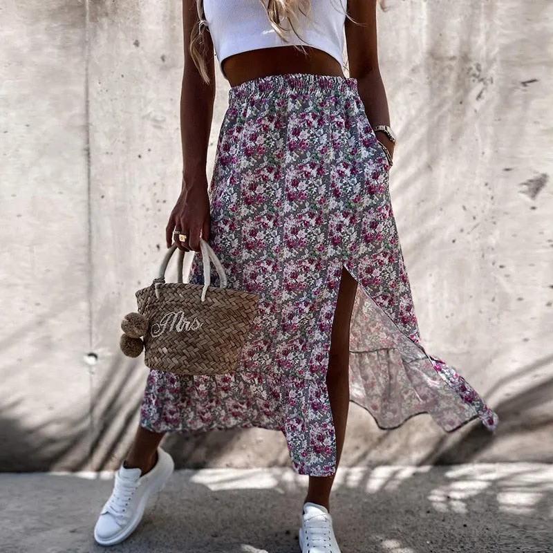 Joskaa Christmas Gift Summer New Design Vintage Floral Ruffle Long Skirts Women Elegant Split A-Line Sweet Skirts Lady Casual Elastic Waist Skirts