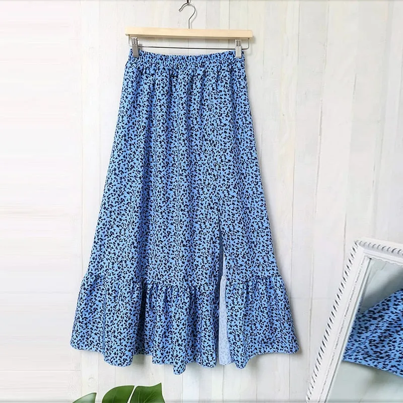 Joskaa Christmas Gift Summer New Design Vintage Floral Ruffle Long Skirts Women Elegant Split A-Line Sweet Skirts Lady Casual Elastic Waist Skirts