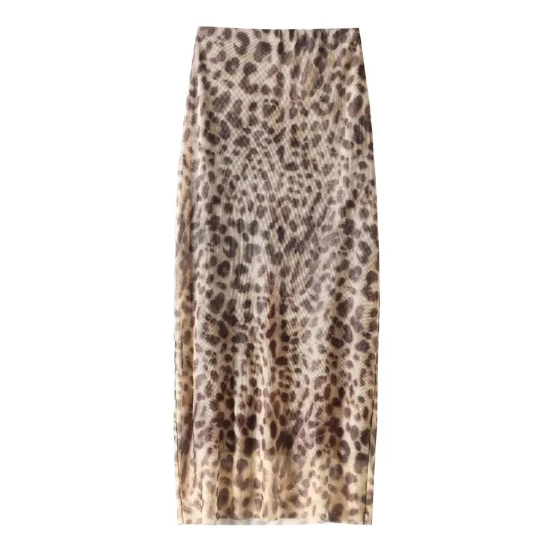 Joskaa Leopard Print Tulle Skirt Woman Vintage High Waist Long Skirts For Women Summer Mesh Midi Skirt Elegant Women's Skirts