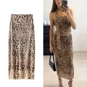 Joskaa Leopard Print Tulle Skirt Woman Vintage High Waist Long Skirts For Women Summer Mesh Midi Skirt Elegant Women's Skirts