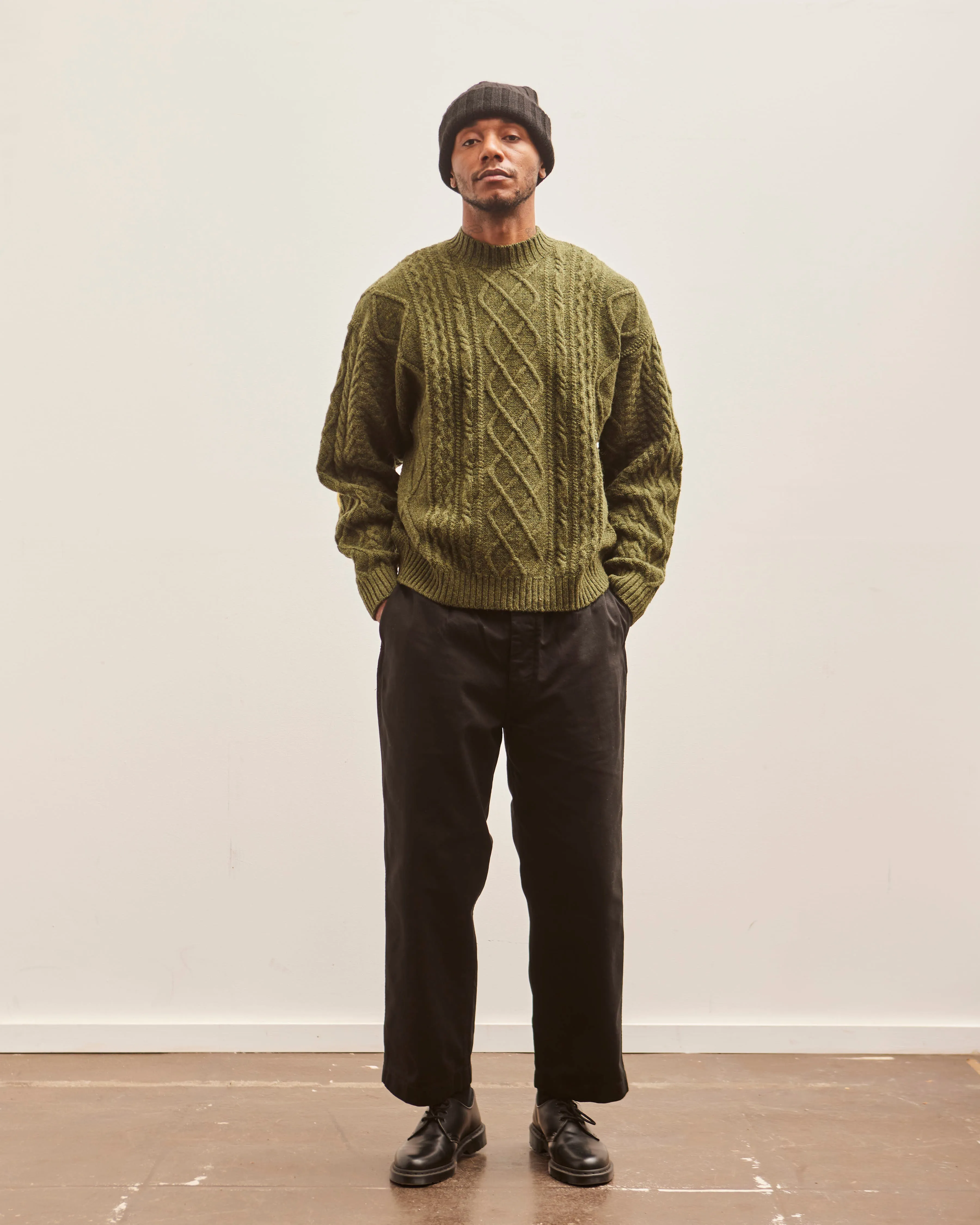 Kapital 5G Wool Cable Knit Elbow CATPITAL Sweater, Khaki