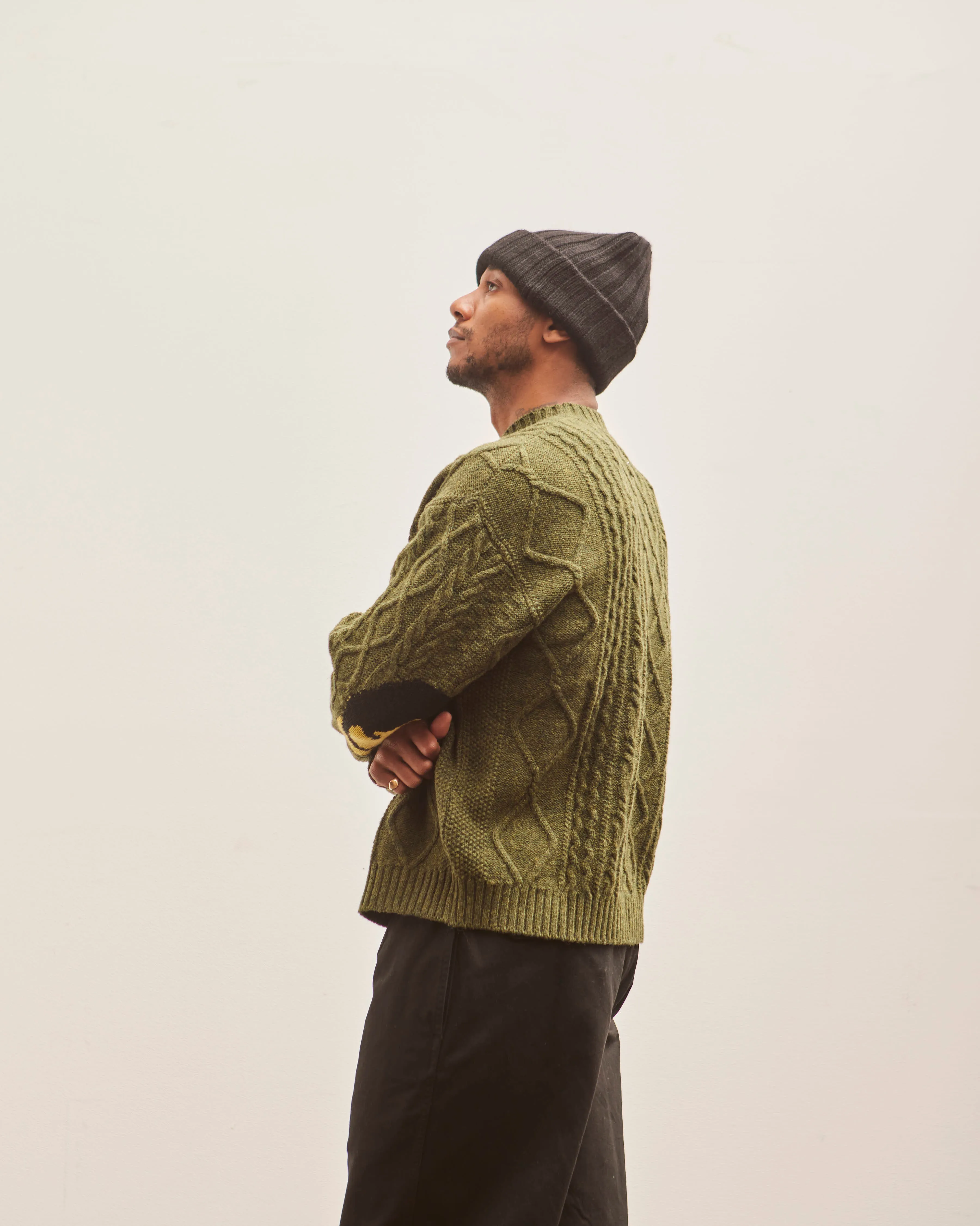 Kapital 5G Wool Cable Knit Elbow CATPITAL Sweater, Khaki