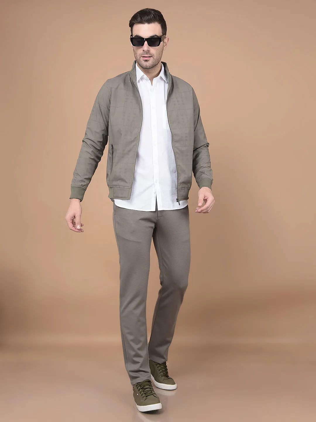 Khaki Printed Mock Neck Bomber Jacket