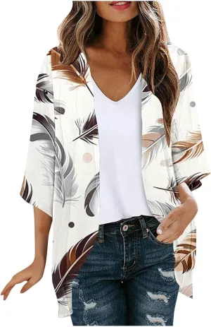 Kimonos for Women Comfy Beach Cover up Sheer Loose Open Front Cardigan Tops Blouse Summer Vacation Outfits