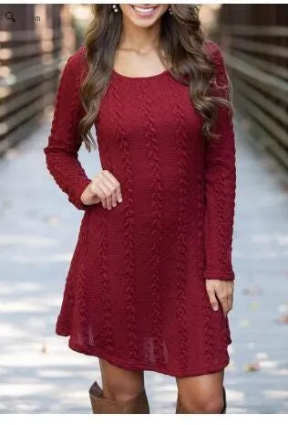 Knitting Round Neck Long Sleeve Sweater Dress