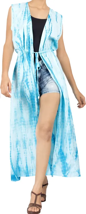 LA LEELA Kimono Cardigan Bikini Cover up jacket loose Blouse Cover Up Blue_White