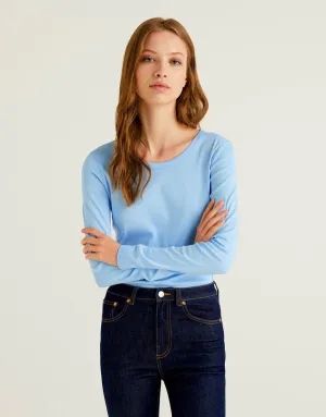 Ladies Plain Full Sleeve Crew Neck Tee Shirt-Blue