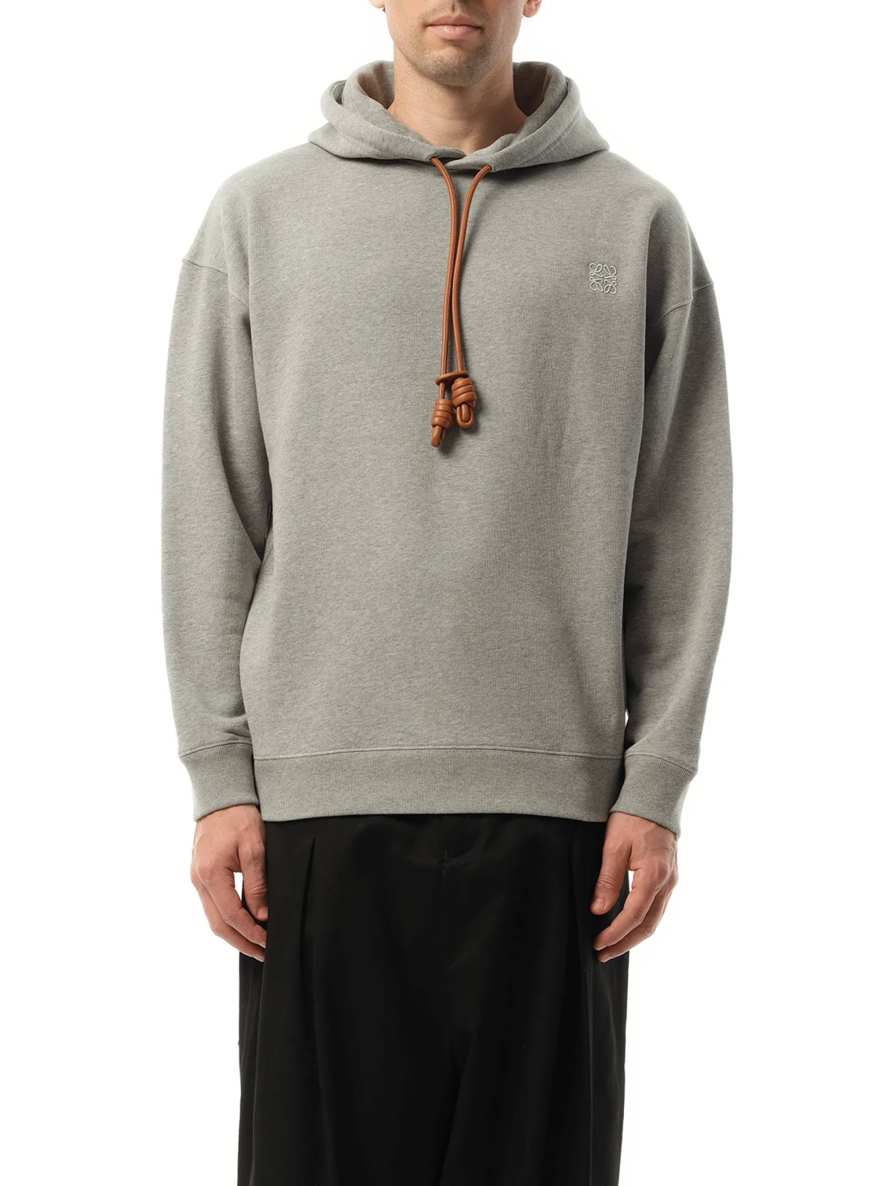 Leather Tassel Hoodie in Grey Melange