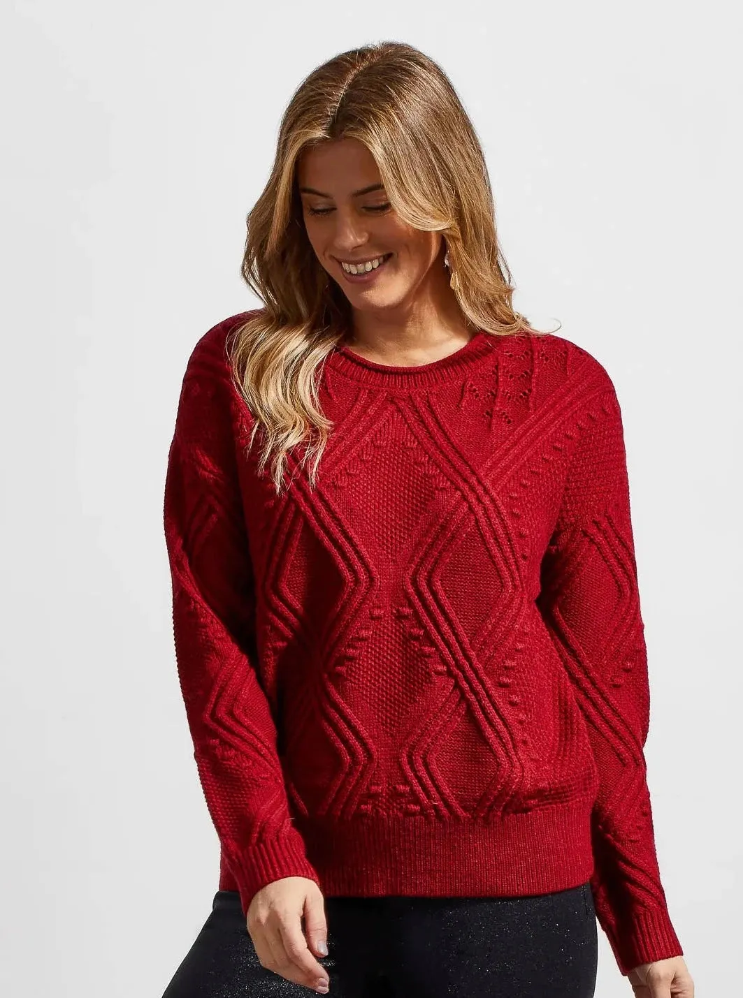 Long Sleeve Crewneck Cable Sweater [Earth Red-1608O]