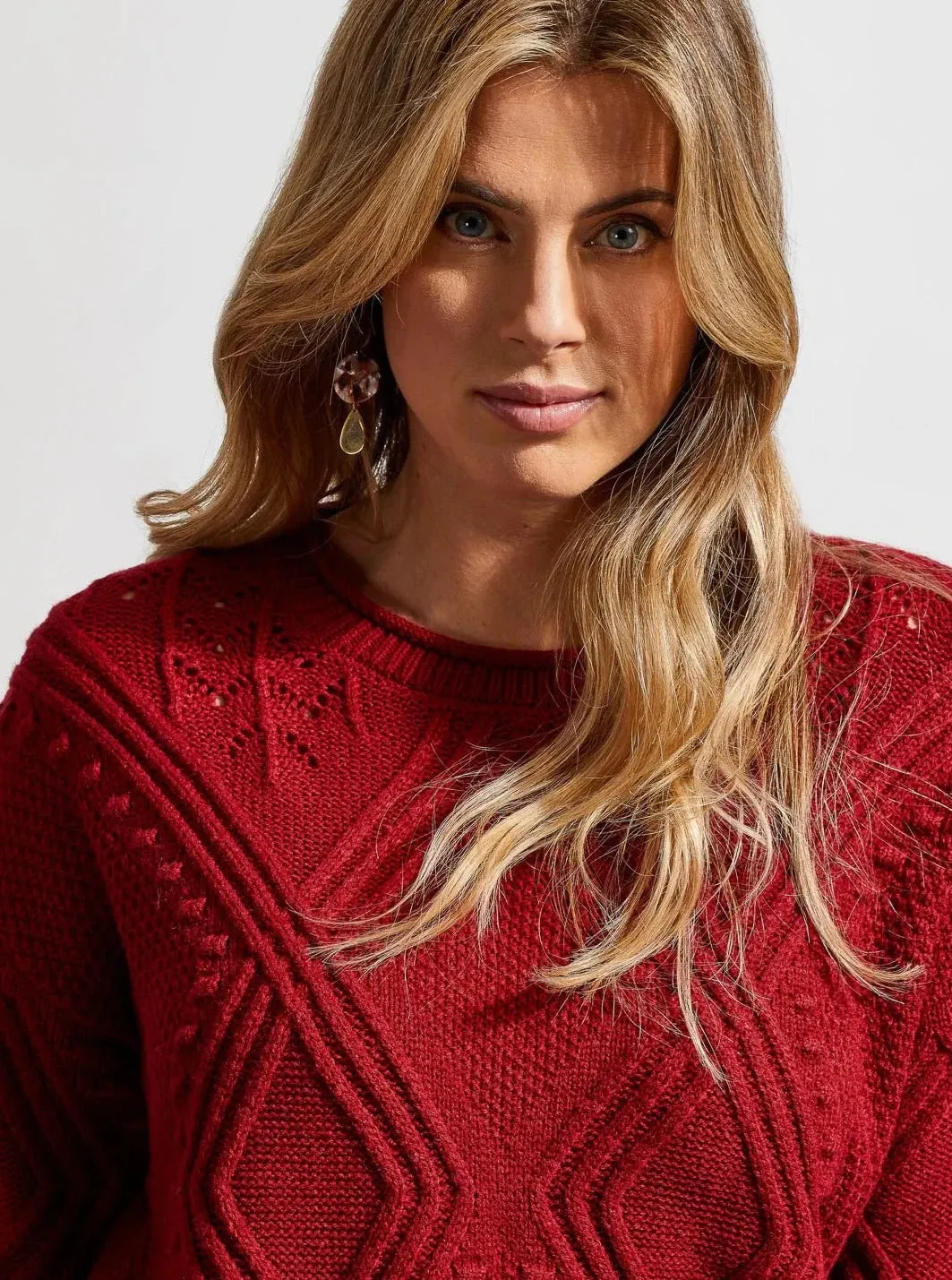 Long Sleeve Crewneck Cable Sweater [Earth Red-1608O]