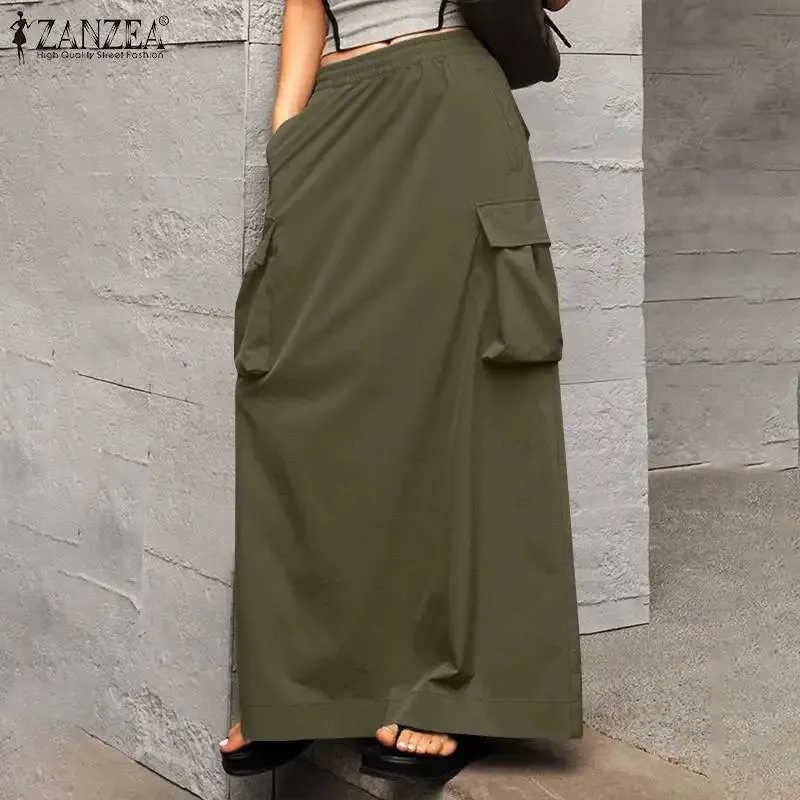 LVSANW ZANZEA 2024 Vintage Cargo Maxi Skirts Women Elegant Loose Jupes Office Big Pockets Jupes Autumn Elastic Waist Skirts Streetwear