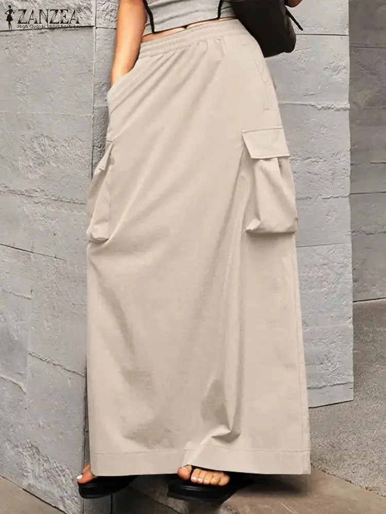 LVSANW ZANZEA 2024 Vintage Cargo Maxi Skirts Women Elegant Loose Jupes Office Big Pockets Jupes Autumn Elastic Waist Skirts Streetwear