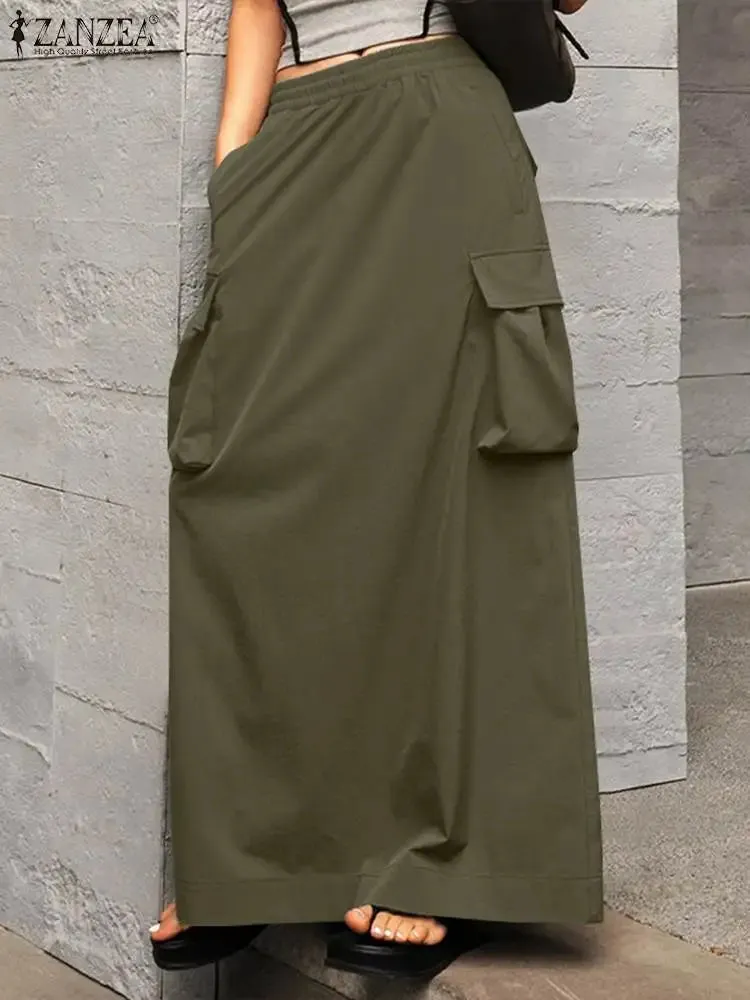 LVSANW ZANZEA 2024 Vintage Cargo Maxi Skirts Women Elegant Loose Jupes Office Big Pockets Jupes Autumn Elastic Waist Skirts Streetwear