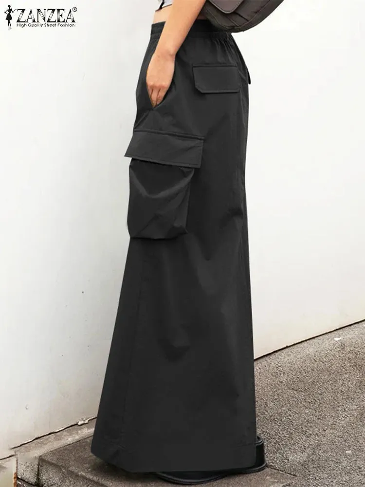 LVSANW ZANZEA 2024 Vintage Cargo Maxi Skirts Women Elegant Loose Jupes Office Big Pockets Jupes Autumn Elastic Waist Skirts Streetwear