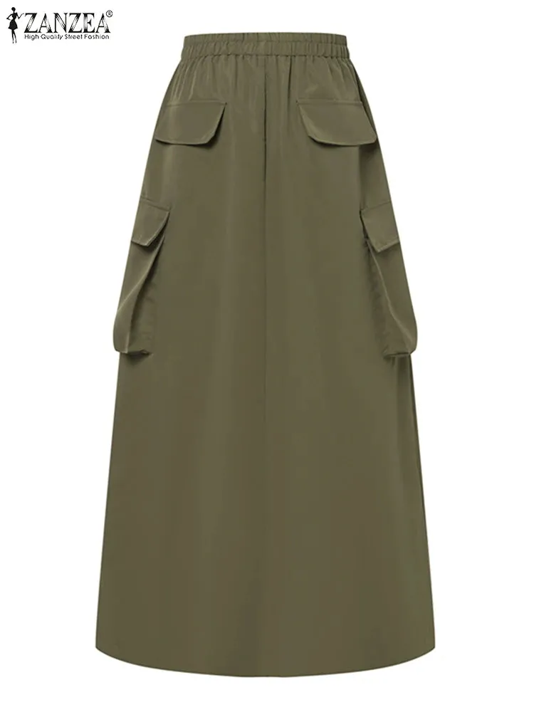 LVSANW ZANZEA 2024 Vintage Cargo Maxi Skirts Women Elegant Loose Jupes Office Big Pockets Jupes Autumn Elastic Waist Skirts Streetwear