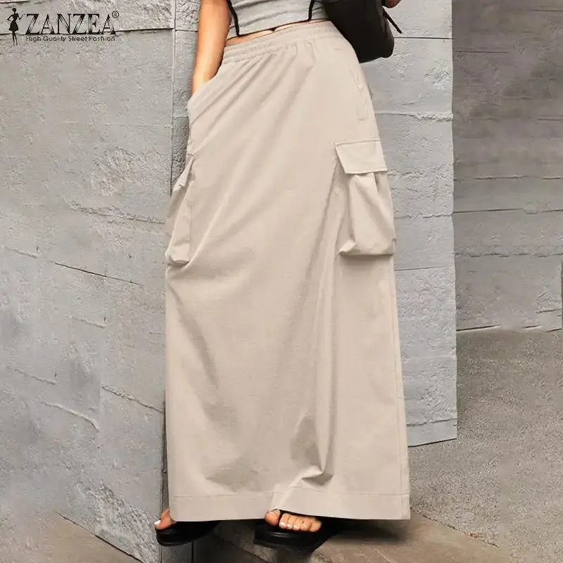LVSANW ZANZEA 2024 Vintage Cargo Maxi Skirts Women Elegant Loose Jupes Office Big Pockets Jupes Autumn Elastic Waist Skirts Streetwear