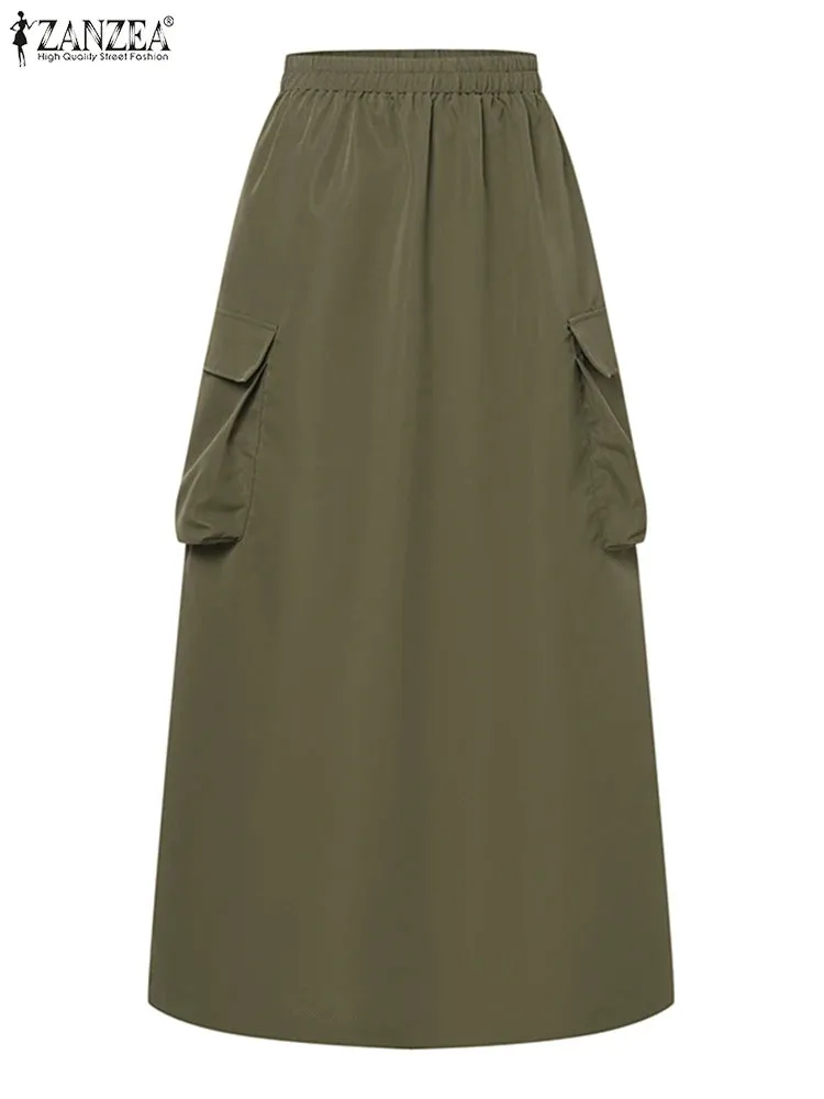 LVSANW ZANZEA 2024 Vintage Cargo Maxi Skirts Women Elegant Loose Jupes Office Big Pockets Jupes Autumn Elastic Waist Skirts Streetwear