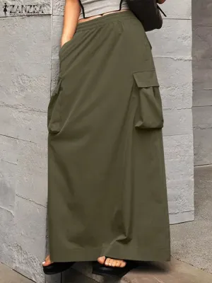 LVSANW ZANZEA 2024 Vintage Cargo Maxi Skirts Women Elegant Loose Jupes Office Big Pockets Jupes Autumn Elastic Waist Skirts Streetwear