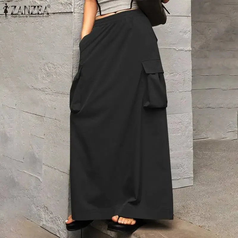 LVSANW ZANZEA 2024 Vintage Cargo Maxi Skirts Women Elegant Loose Jupes Office Big Pockets Jupes Autumn Elastic Waist Skirts Streetwear