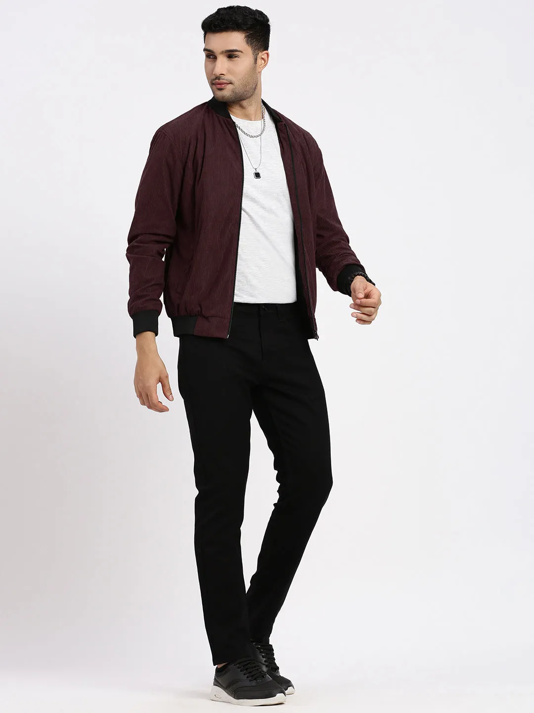 Men Burgundy Mandarin Collar Colour blocked Corduroy Bomber Jacket