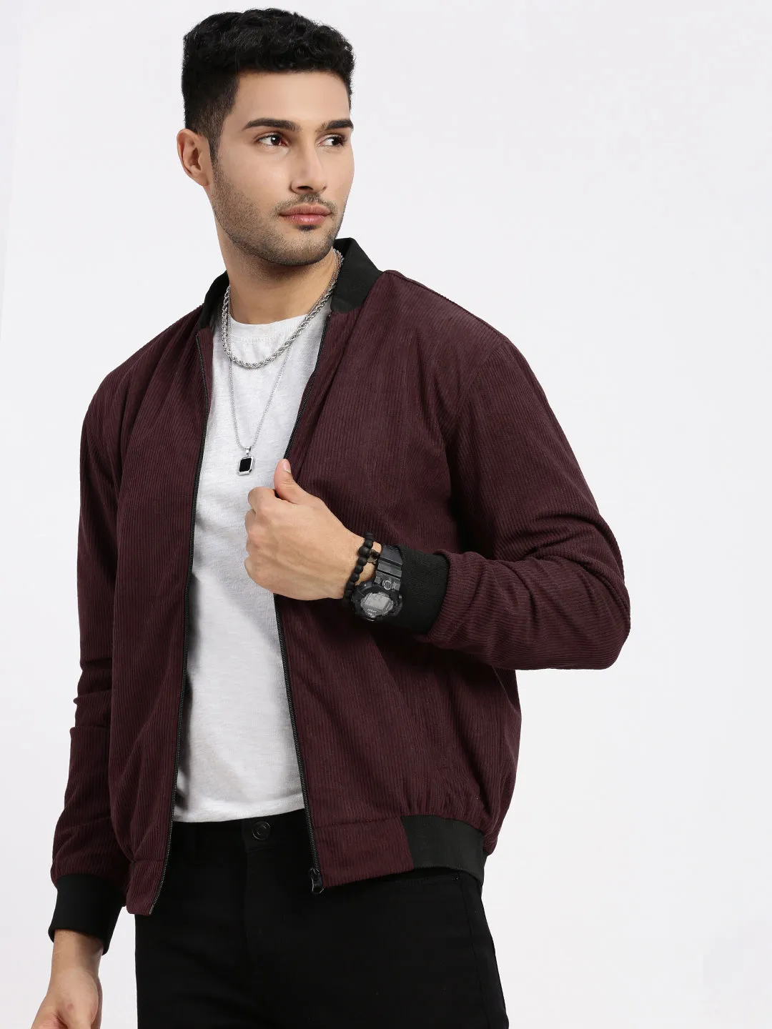 Men Burgundy Mandarin Collar Colour blocked Corduroy Bomber Jacket