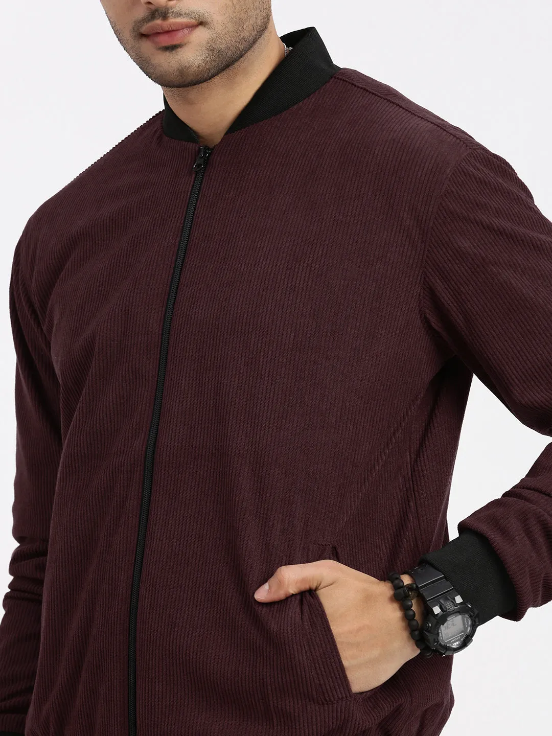 Men Burgundy Mandarin Collar Colour blocked Corduroy Bomber Jacket