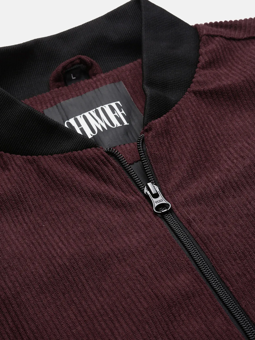 Men Burgundy Mandarin Collar Colour blocked Corduroy Bomber Jacket