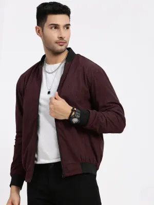 Men Burgundy Mandarin Collar Colour blocked Corduroy Bomber Jacket