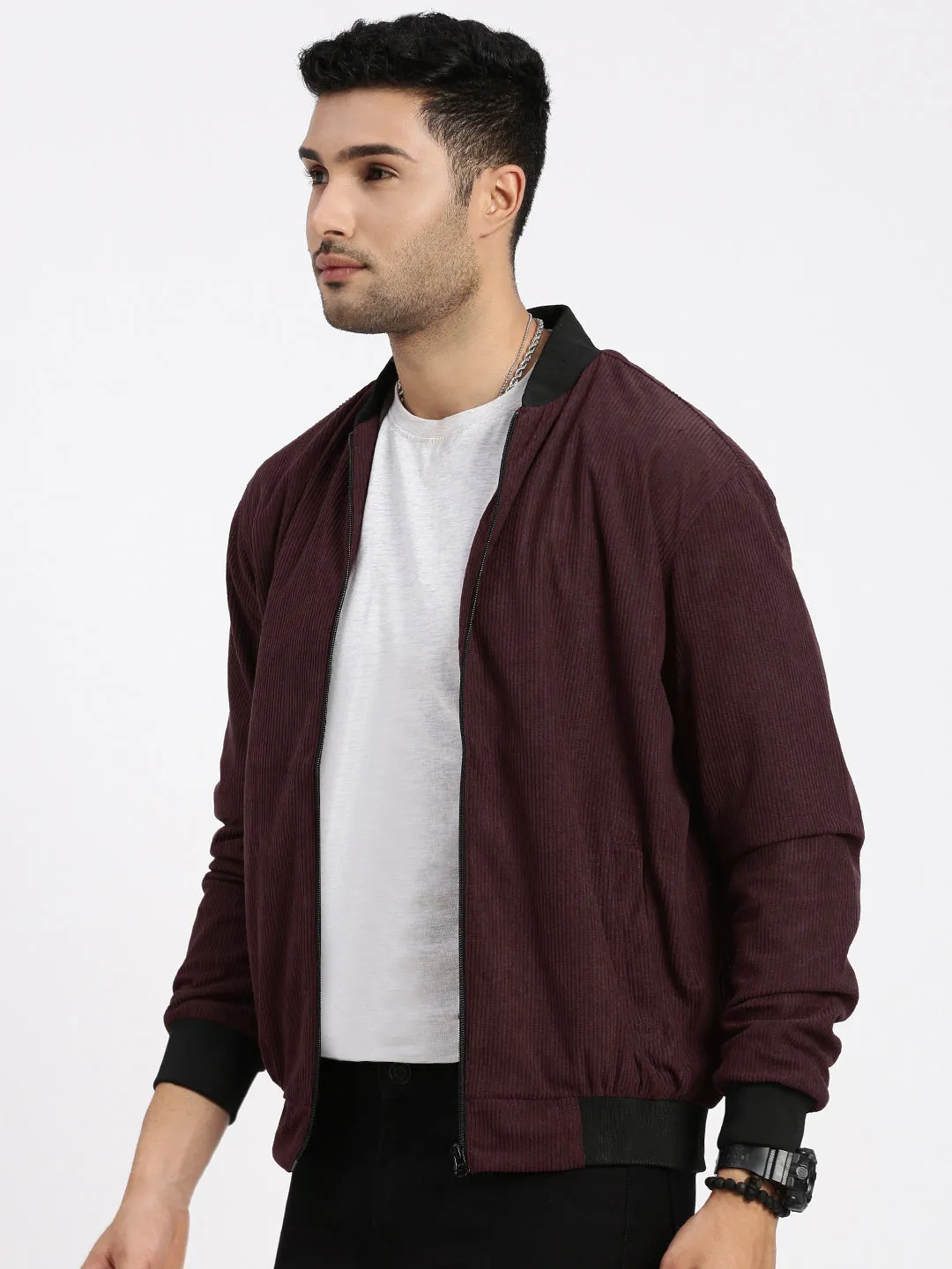 Men Burgundy Mandarin Collar Colour blocked Corduroy Bomber Jacket