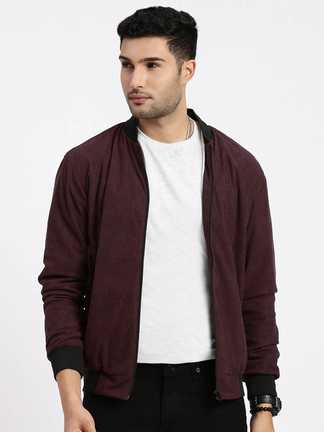 Men Burgundy Mandarin Collar Colour blocked Corduroy Bomber Jacket