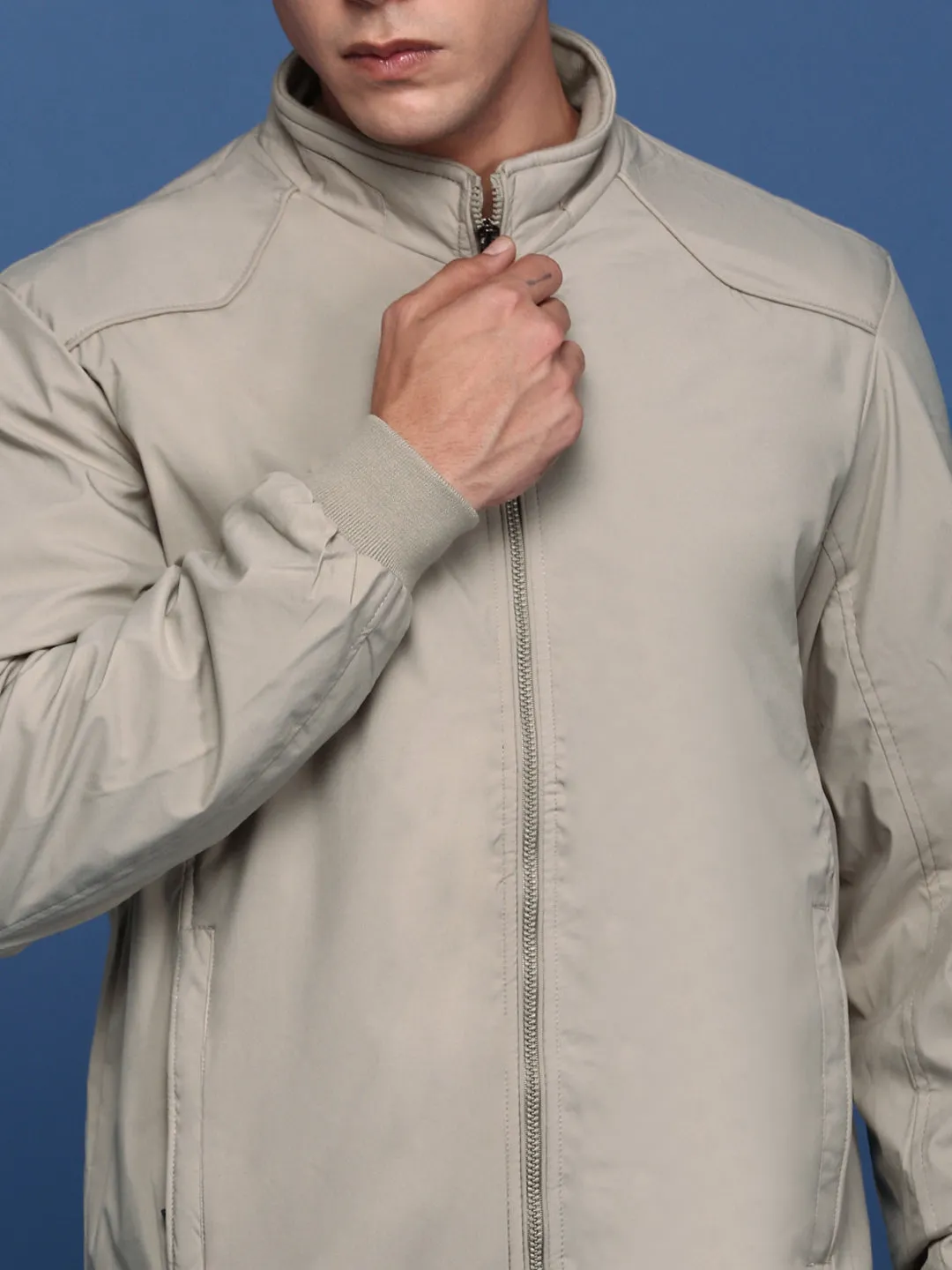 Men Cream Mandarin Collar Solid Windcheater Bomber Jacket