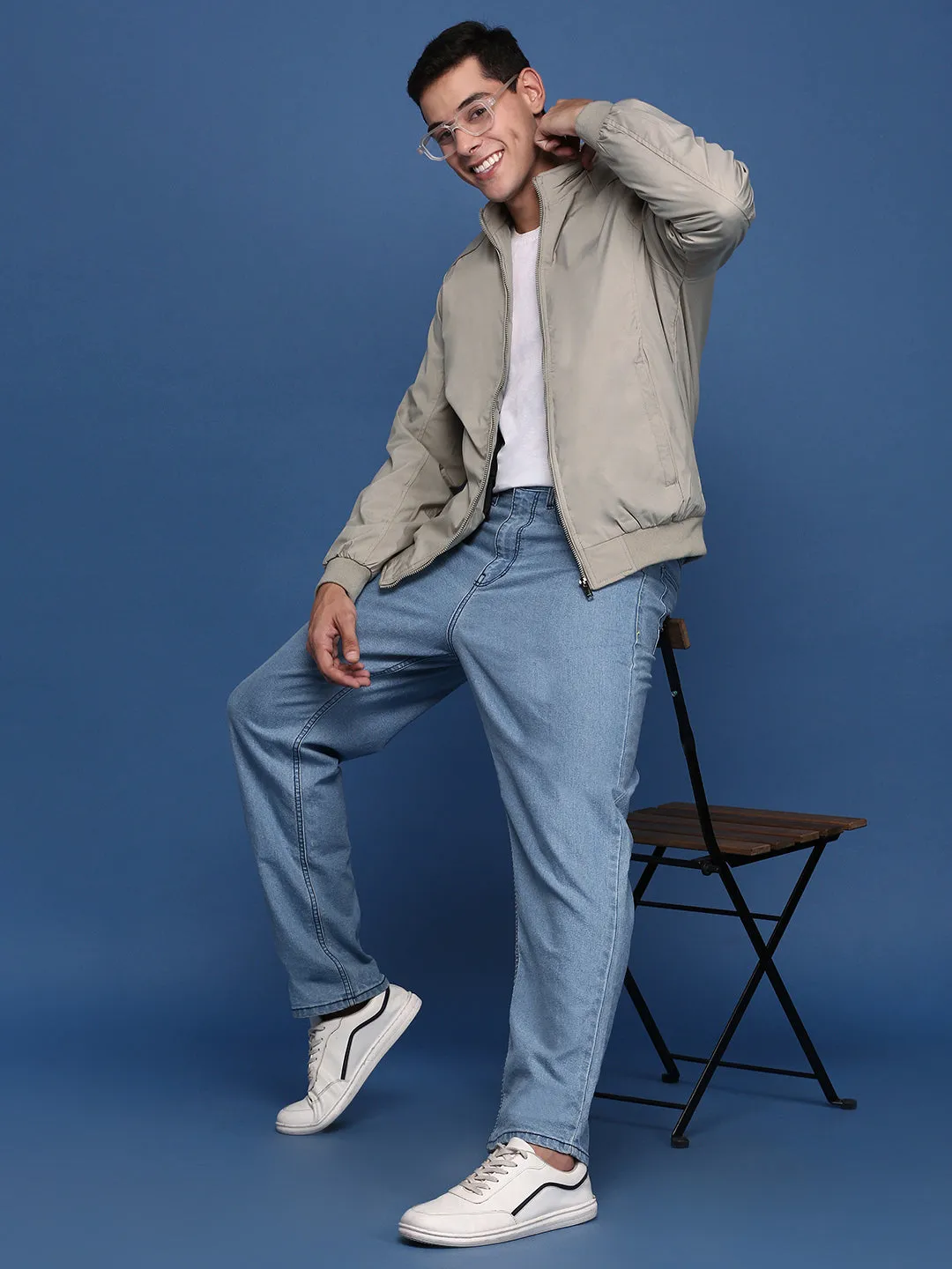 Men Cream Mandarin Collar Solid Windcheater Bomber Jacket