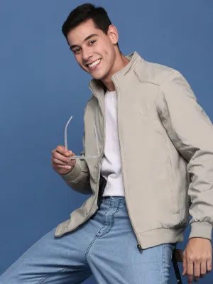 Men Cream Mandarin Collar Solid Windcheater Bomber Jacket