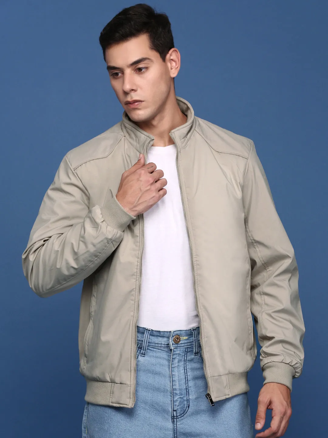 Men Cream Mandarin Collar Solid Windcheater Bomber Jacket