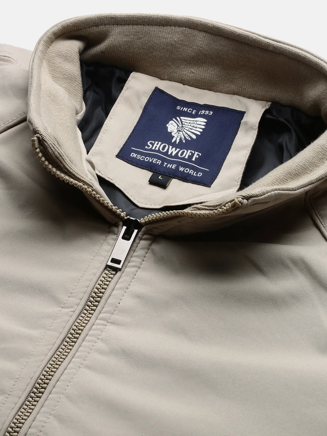 Men Cream Mandarin Collar Solid Windcheater Bomber Jacket
