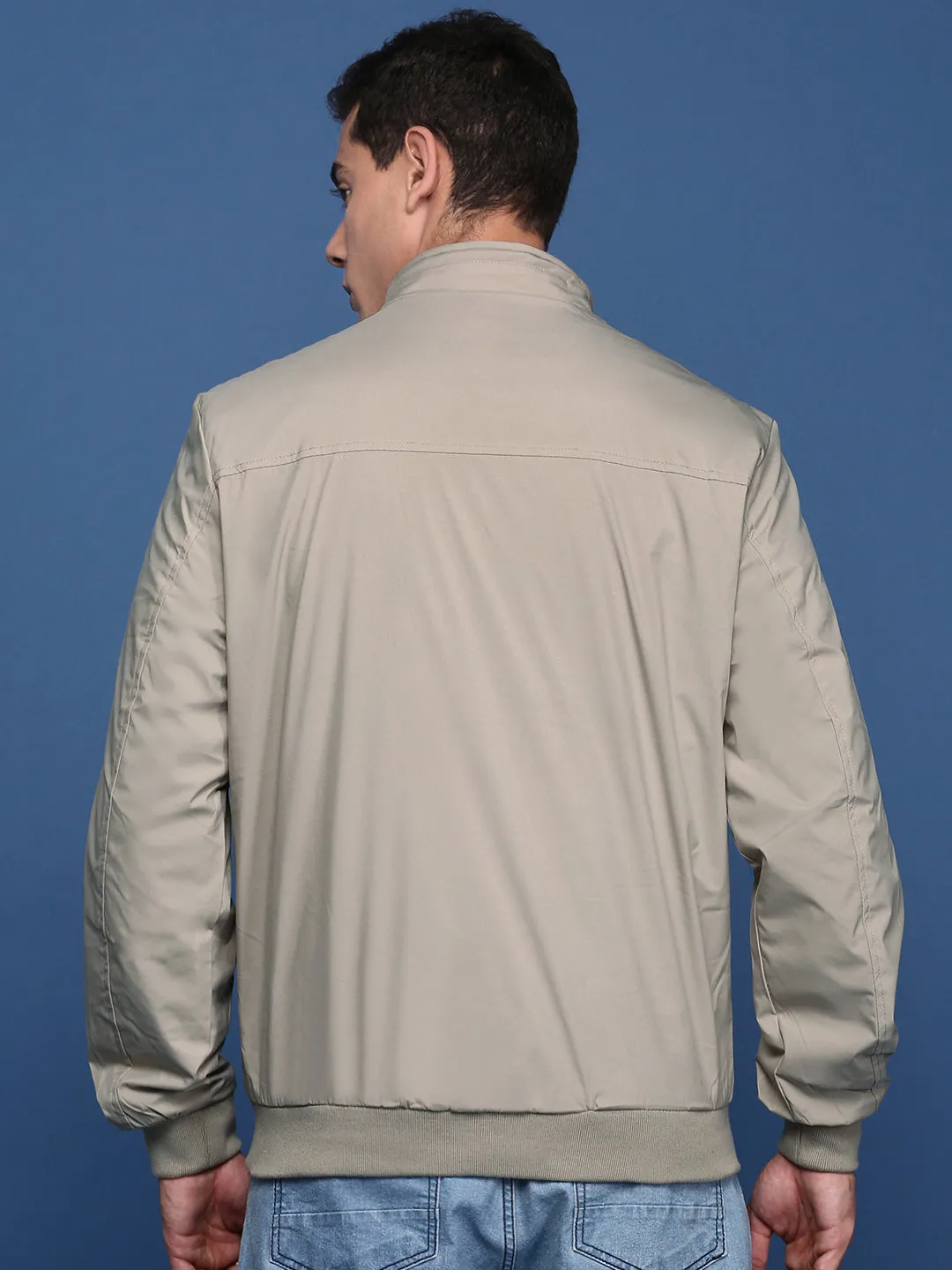 Men Cream Mandarin Collar Solid Windcheater Bomber Jacket