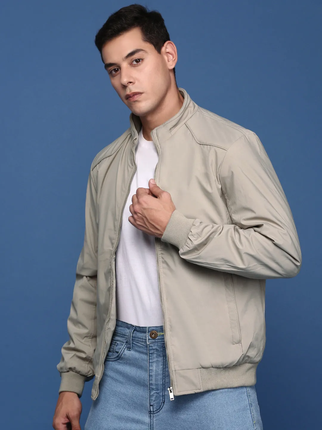 Men Cream Mandarin Collar Solid Windcheater Bomber Jacket