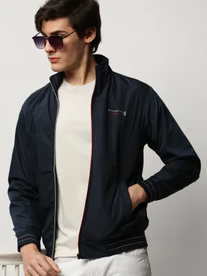 Men Navy Blue Mock Collar Bomber Jacket