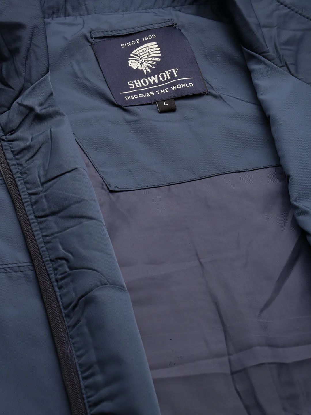 Men Navy Blue Mock Collar Bomber Jacket