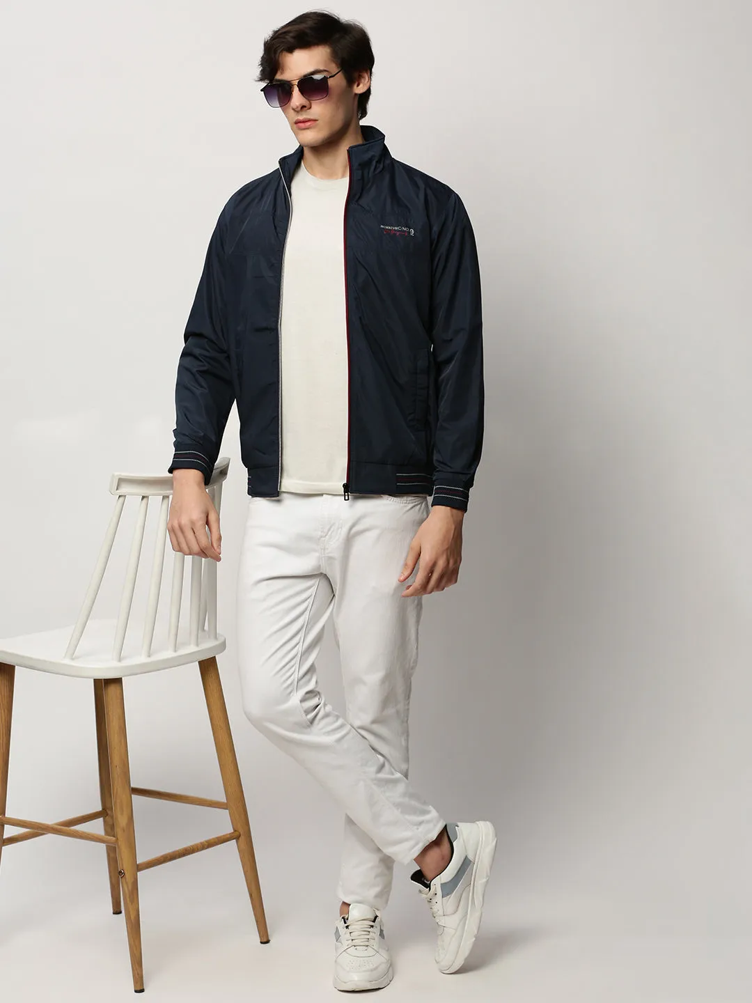 Men Navy Blue Mock Collar Bomber Jacket